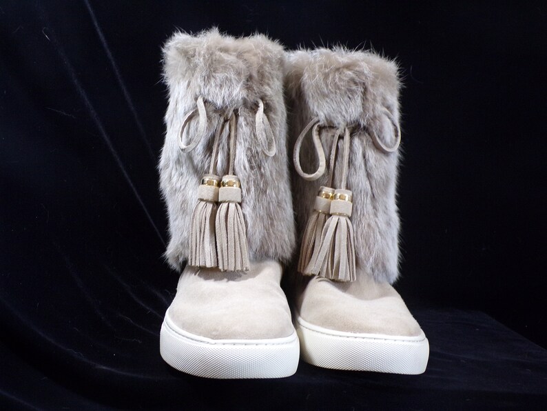 Wm 10 TORY BURCH real fur boots, Angelica, beige, winter boots, real rabbit fur trim on the shaft, vintage real fur boots 1440 image 2