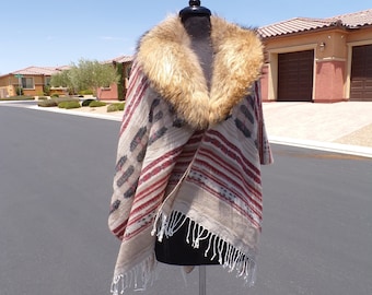 real FINN RACCOON fur collar cape poncho ruana shawl wrap, NWOT cape wrap ruana with real finn raccoon fur collar, beige/rust/black (#700)