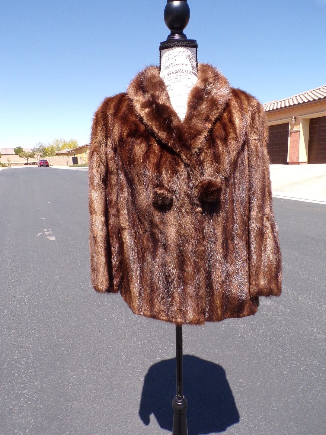 S 68 Real MUSKRAT FUR Swing Jacket, Hiplength, Brown W Dark Stripe