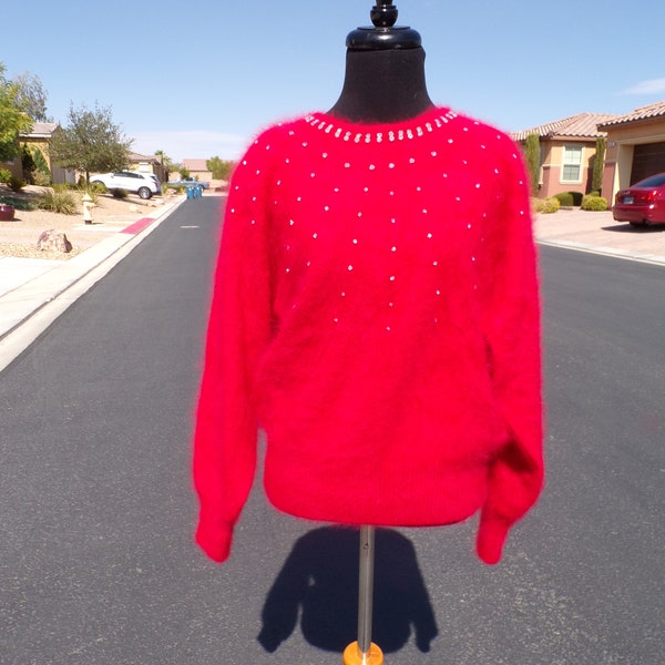 NWOT M (8-10) real ANGORA FUR sweater, red, pullover, rhinestone trimmed sweater by Vanesha, rib knit cuffs/hem, in new condition! (#1669)