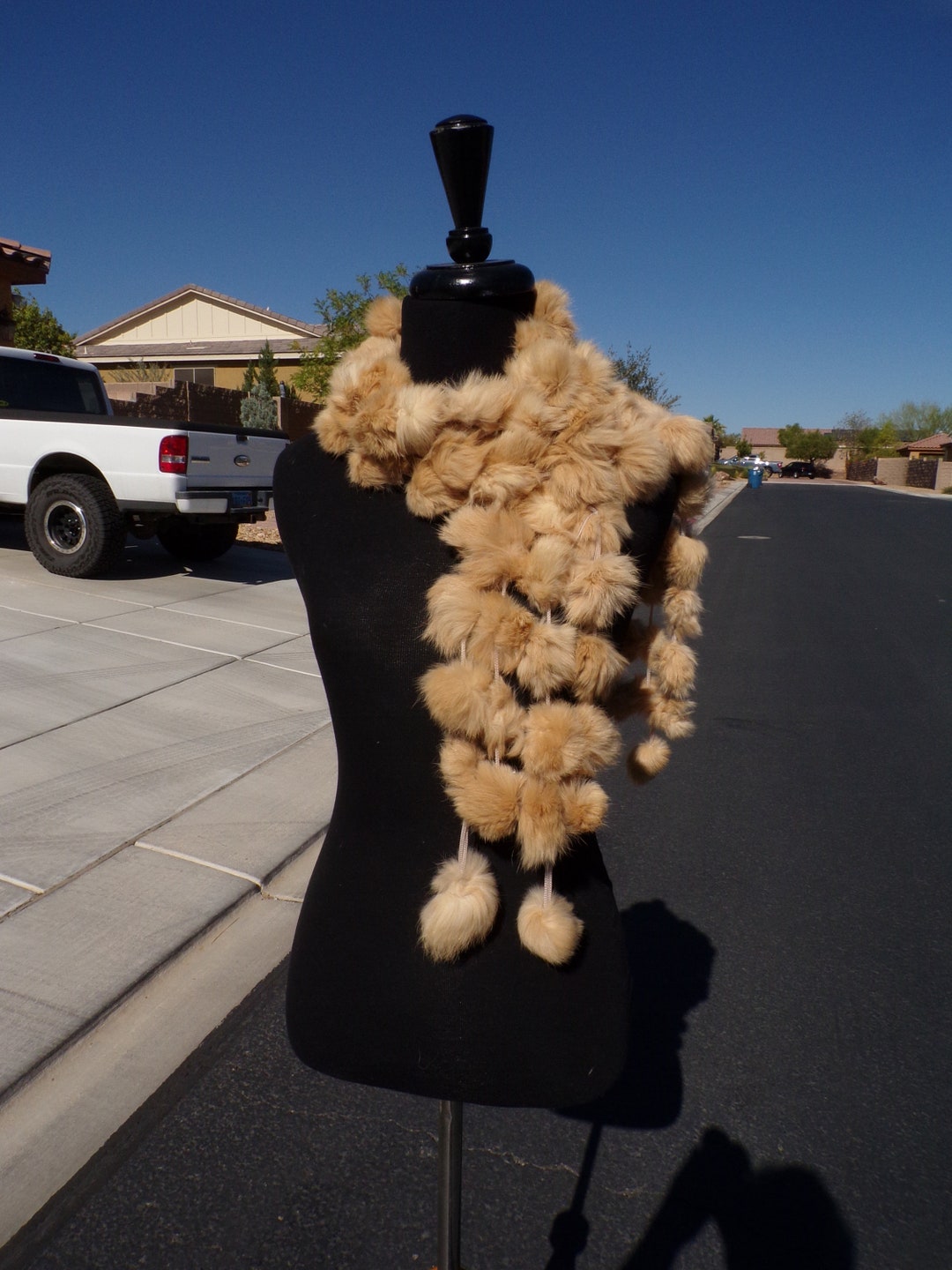 54 Beige RABBIT FUR Scarf Muffler Boa, Tan Unisex RABBIT Fur Pom Pom ...