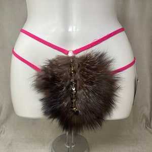 Women&#39;s (S) real SILVER FOX fur (w jewels) covered g-string thong pantie panty cosplay underwear, made from upcycled fur coat (#2379)