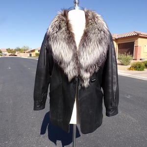 Mens (M) real SILVER FOX fur jacket coat, black leather, unisex, button at hips, brown/black/silver fox fur collar, EUC (#3324-2)