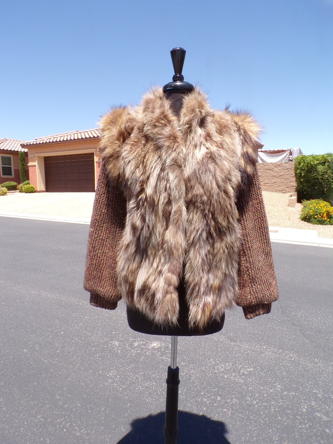 S-M (6-8) Convertible RACCOON Fur and Sweater Knit Jacket