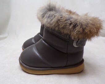 Toddler size 7 US/EU 23 real RABBIT fur trimmed unisex waterproof snow boots, dark gray, unused, everyday use, fleece lined (#1938-2)