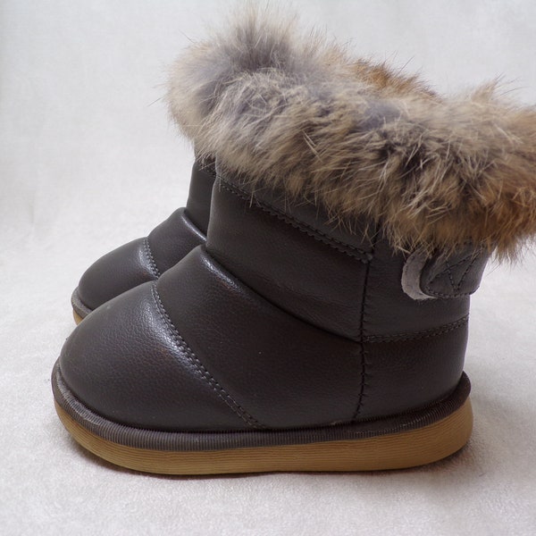 Toddler size 7 US/EU 23 real RABBIT fur trimmed unisex waterproof snow boots, dark gray, unused, everyday use, fleece lined (#1938-2)