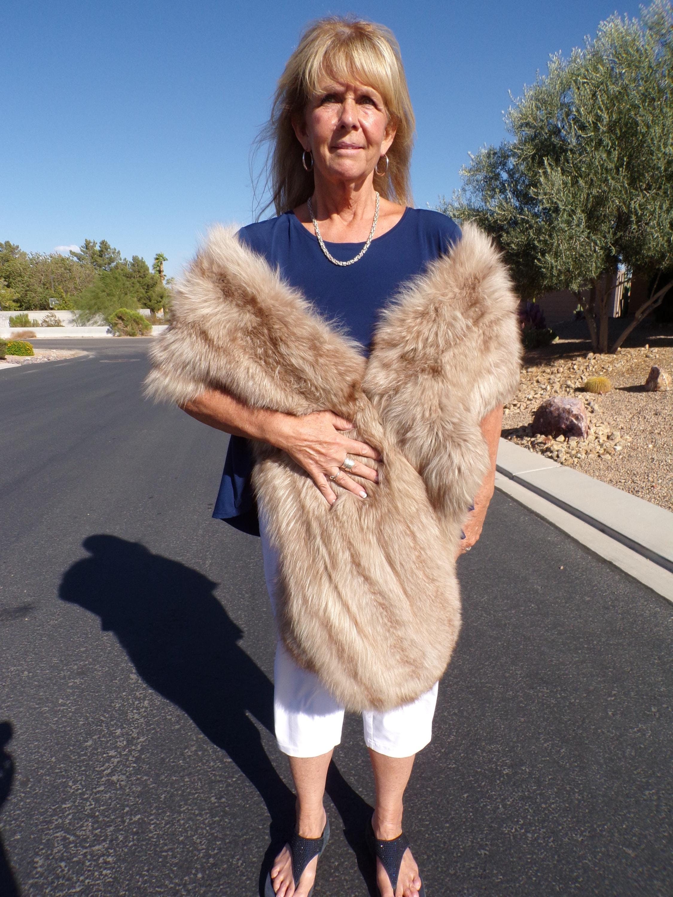 Os-flat Real BLUE FOX Fur Stole, Ivory W Brown Tips, Super-sized