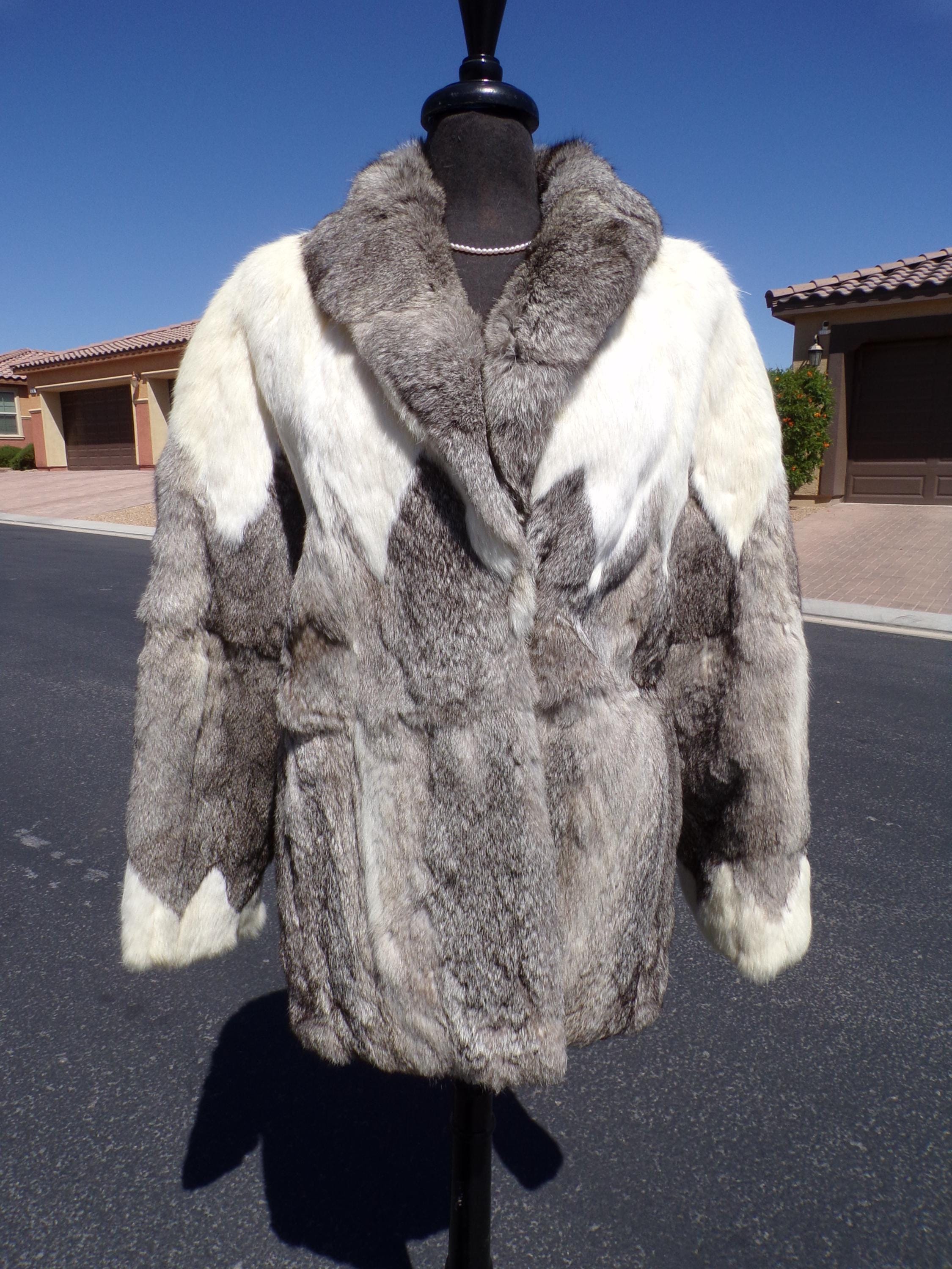 S-M (6-8) Real White/gray RABBIT FUR Jacket Coat Hip-length