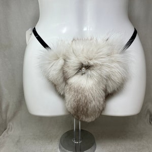 Women&#39;s (XL) real BLUE FOX fur (w jewels) covered g-string thong pantie panty cosplay underwear, made from upcycled fur coat (#2386)