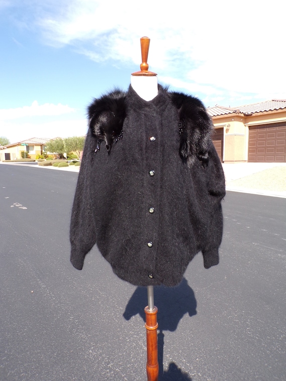 1X L 16 18 Real FOX FUR on ANGORA Sweater Black Fully Lined