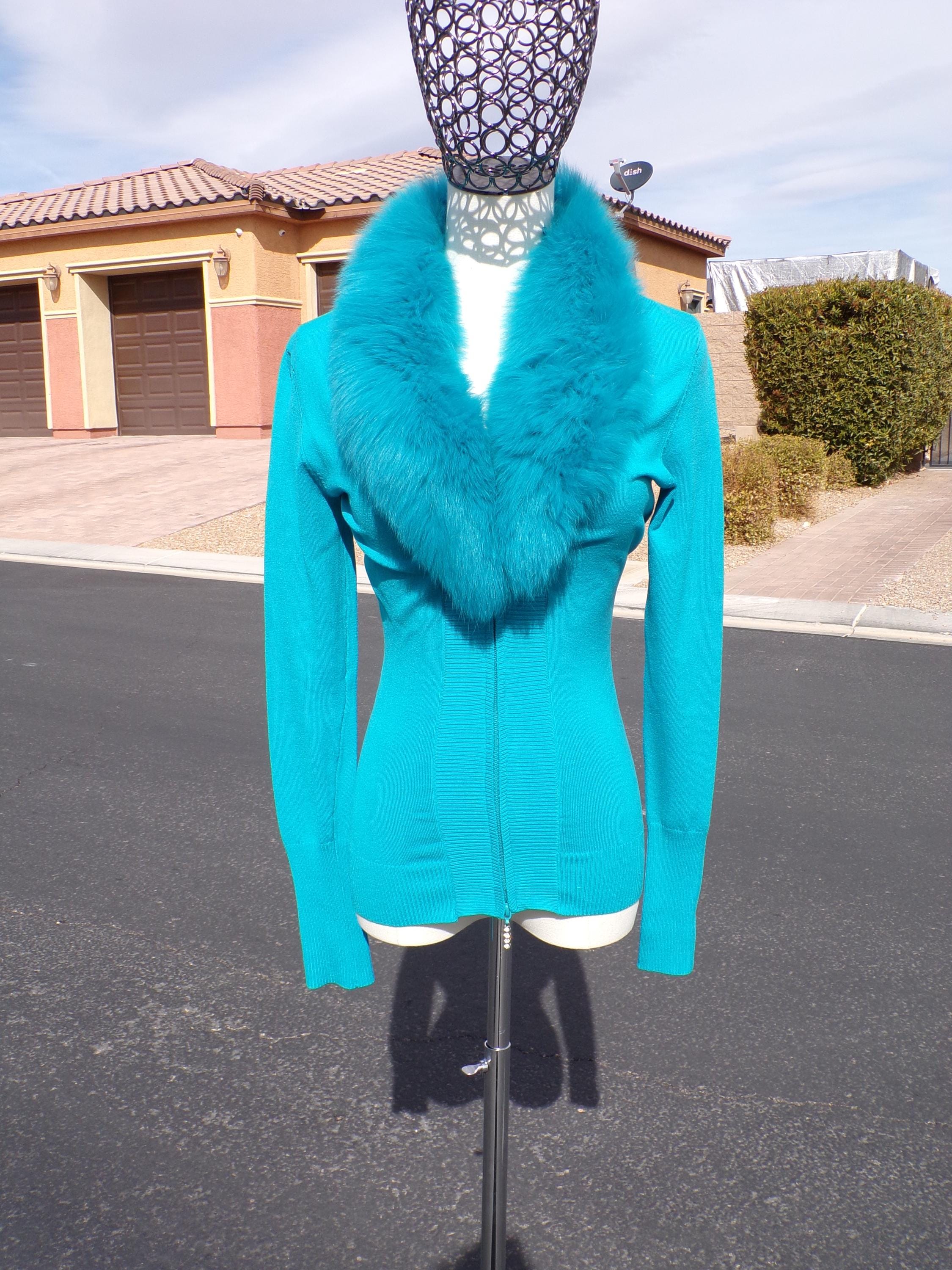 XS (0-2-4) Real FOX FUR (detachable) Collar on Turquoise Sweater