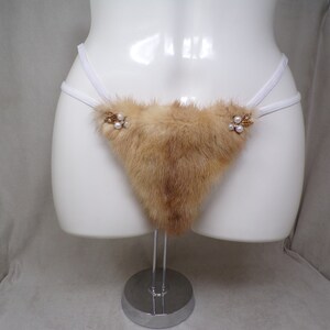 Women&#39;s (M) real BLONDE MINK fur (w jewels) covered g-string thong pantie panty cosplay underwear, made from upcycled fur coat (#2393)