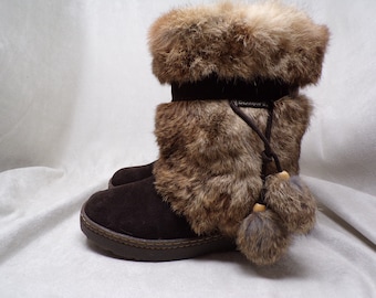 Youth size 6/EU 38, Bear Paw "Tama II" RABBIT fur boots, real suede w wool fleece lining, brown, gently used, clean (#1996-2)