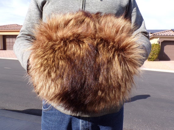 ADULT (XL) RACCOON fur muff, beige/brown/black re… - image 1