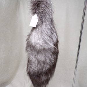 X-L SILVER BLUE fox tail keychain purse charm, FOX fur keychain, gray with black and white accents, 16&quot;-18&quot; long, fox fur