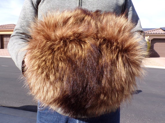 ADULT (XL) RACCOON fur muff, beige/brown/black re… - image 2