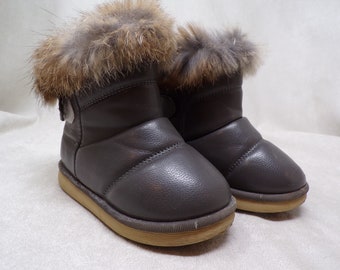 Toddler size 7 US/EU 23 real RABBIT fur trimmed unisex waterproof snow boots, dark gray, unused, everyday use, fleece lined (#1938-2)