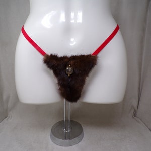 Women&#39;s (M) real BROWN MINK fur (w jewels) covered g-string thong pantie panty cosplay underwear, made from upcycled fur coat (#2395)