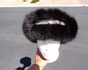 X-L 24" real FOX fur & RHINESTONE trim headband, solid black, dyed fox fur headband scarf neck wrap hat trim, velcro, EUC, gorgeous (2319-2)