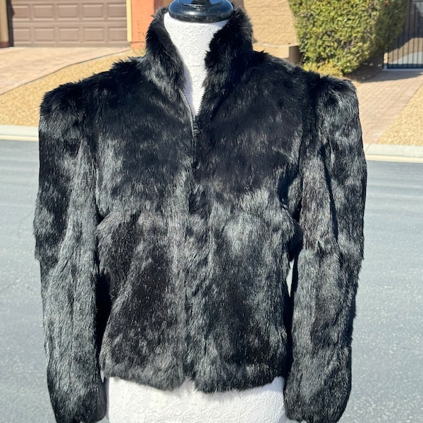 CH-L (10) real RABBIT fur jacket, girls fur, unisex fur, dyed black, front zipper, hip length, excellent first fur jacket, EUC (#2076-2)