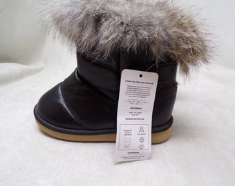NWT Toddler size 8 US/Eu 24 real RABBIT fur trimmed unisex waterproof snow boots, black unused, great for everyday, fleece lined (#1939-2)