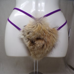 Women&#39;s (S) real COYOTE fur (w jewels) covered g-string thong pantie panty cosplay underwear, made from upcycled fur coat (#2292)