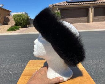 NWT 23" real BLACK FOX fur headband, solid black, dyed arctic fox fur headband snood scarf neck wrap hat trim, velcro vintage fur (2314-2)