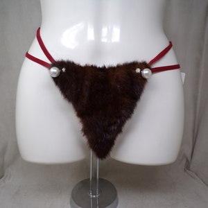 Women&#39;s (S) real MAHOGANY MINK fur (w jewels) covered g-string thong pantie panty cosplay underwear, made from upcycled fur coat (#2382)