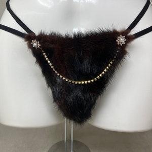 Women&#39;s (S) real MAHOGANY MINK fur (w jewels) covered g-string thong pantie panty cosplay underwear, made from upcycled fur coat (#2387)