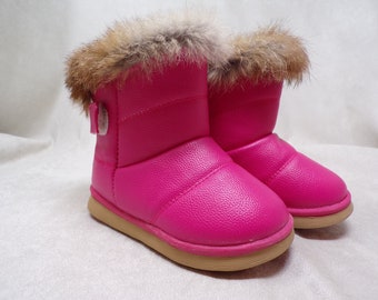 Toddler size 8 US/EU 24 real RABBIT fur trimmed waterproof snow boots, pink, unused, great for everyday use, fleece lined (#1941-2)