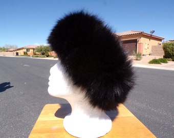 22" real BLACK FOX fur headband, solid black, dyed arctic fox fur headband snood scarf neck wrap hat trim, velcro, EUC, vintage fur (2312-2)