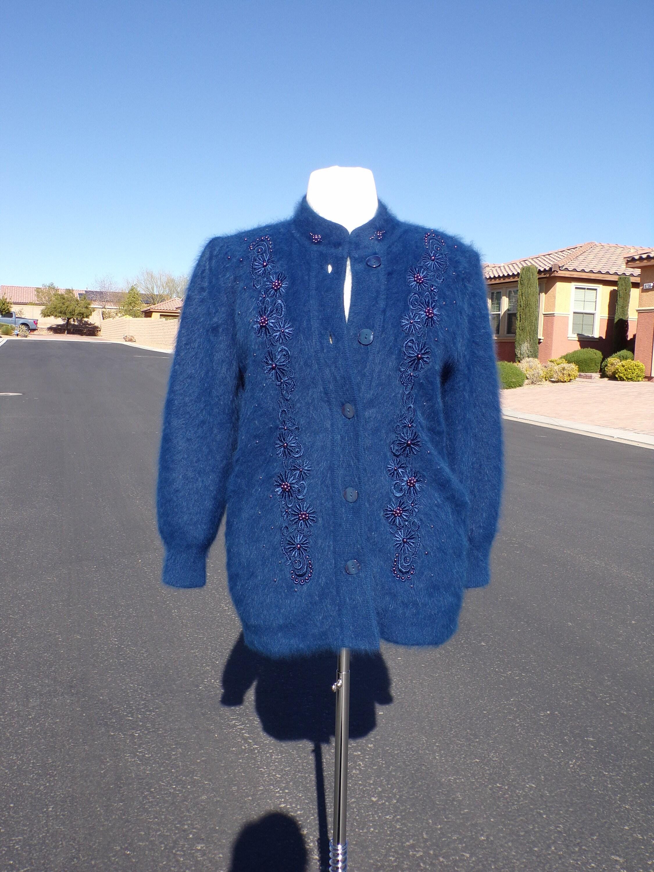 M-L (10-12) Real ANGORA Sweater by Lee Sands, Blue, Fully Lined