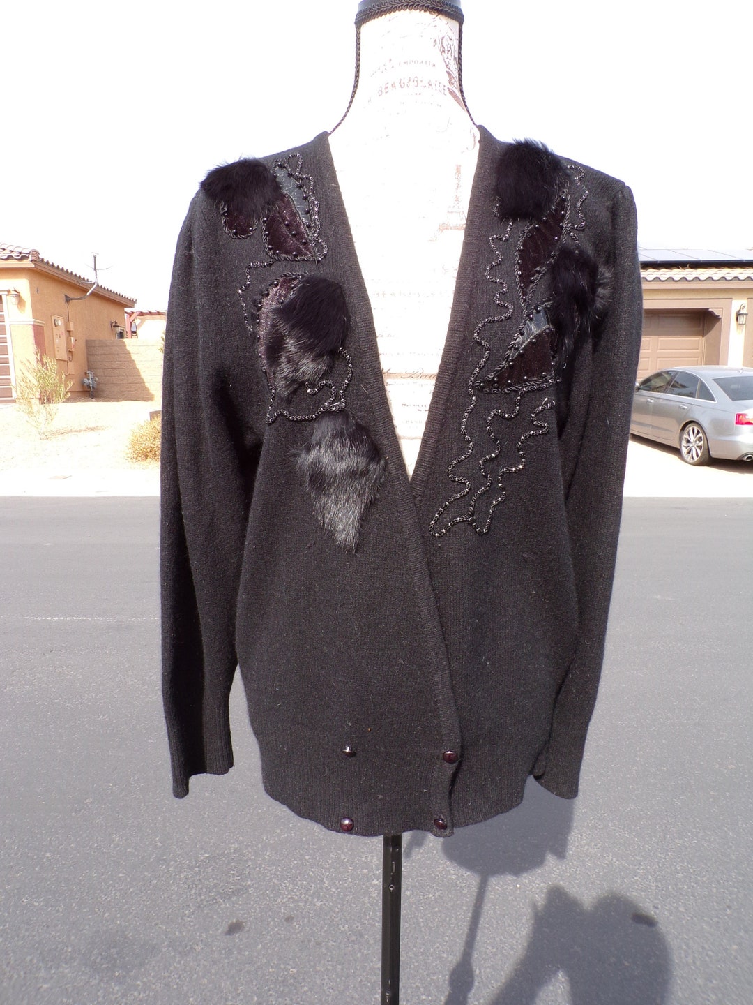 M (8-10) Real ANGORA Sweater, Black, RABBIT FUR, Appliques and Beading ...
