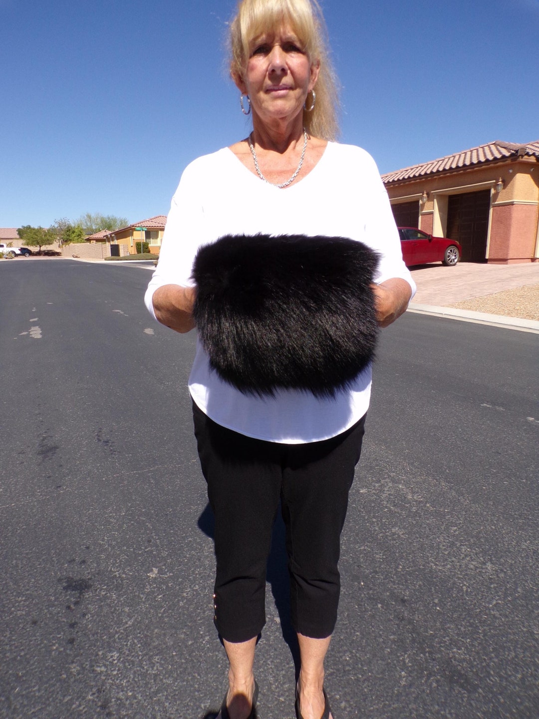 vintage フランス毛皮 リアルファー ラビット 大きいサイズ ブラック ADULT Black RABBIT Fur Muff, Pure Black Rabbit Fur Muff With