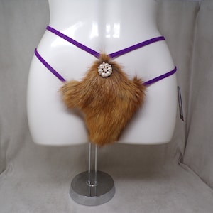 Women&#39;s (S) real RED FOX fur (w jewels) covered g-string thong pantie panty cosplay underwear, made from upcycled fur coat (#2394)