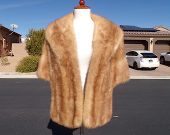 M-L (8-10-12) real MINK FUR stole stoll shawl wrap, light brown/beige mink, bridal, wedding fur, Mother of the Bride, classic stole (#1128)