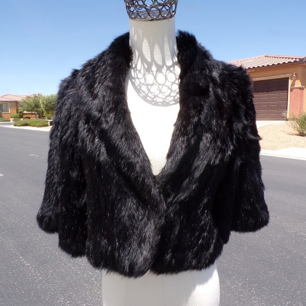 S (6) real knit RABBIT FUR cropped jacket, black knit fur bolero, lightweight, front hook/eyes, non-stretch, EUC (#2370)