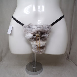 Women&#39;s (M) real REX RABBIT fur (w jewels) covered g-string thong pantie panty cosplay underwear, made from upcycled fur coat (#2397)