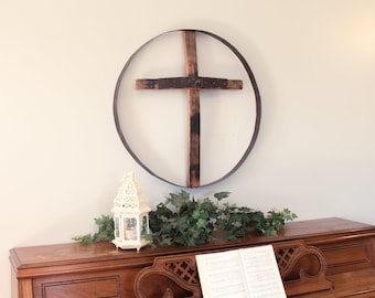 AmishToyBox.com Rustic Barrel Ring With Cross Decorative Wall Art, Reclaimed Whiskey Barrel Art