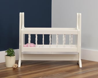 AmishToyBox.com Wooden Deluxe Doll Swinging Cradle with Pink Bedding Set, Amish-Made in Lancaster County, Pennsylvania