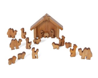 Amish-Made 14 Piece Wooden Nativity Manger Scene Set