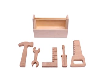 May include: A wooden toy toolbox with a set of tools including a hammer, wrench, saw, ruler, and screwdriver. The tools are all made of natural wood and are perfect for pretend play.
