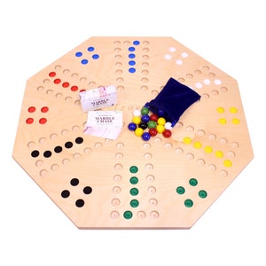 AmishToyBox.com Travel Marble Chase (Cards N&#39; Marbles) Wooden Board Game Set - Double-Sided 23&quot; Wide Board - with Cloth Carry Bag