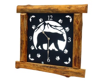 AmishToyBox.com Large Rustic Wall Clock, Pine Log Frame, Metal Wildlife Art Clock Face