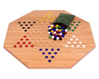 Hand-Painted Oak Wooden Chinese Checkers Board Game, 19" Wide