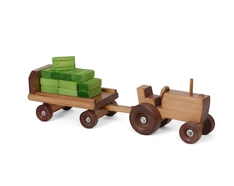 Amish-Made Wooden Toy Tractor and Wagon Set with Hay Bales