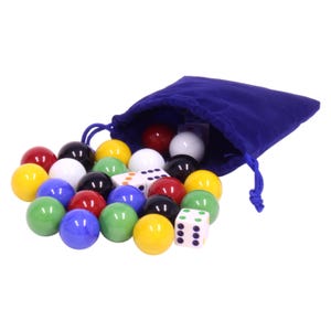 AmishToyBox.com Game Bag of 24 Large Glass 7/8&quot; (22mm Diameter) Marbles and 6 Dice