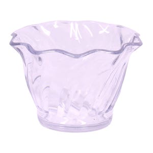 May include: A clear plastic bowl with a wavy design and a scalloped rim. The bowl is perfect for serving ice cream, desserts, or snacks.