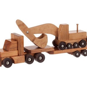 Large Wooden Semi Flatbed Truck Toy Set with Excavator, Amish-Made