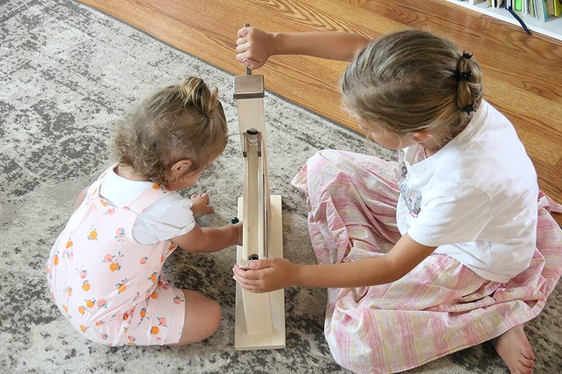 Amish-Made Wooden Marble Roller Racetrack Toy - Double Track With Marbles Included (Harvest Stain)